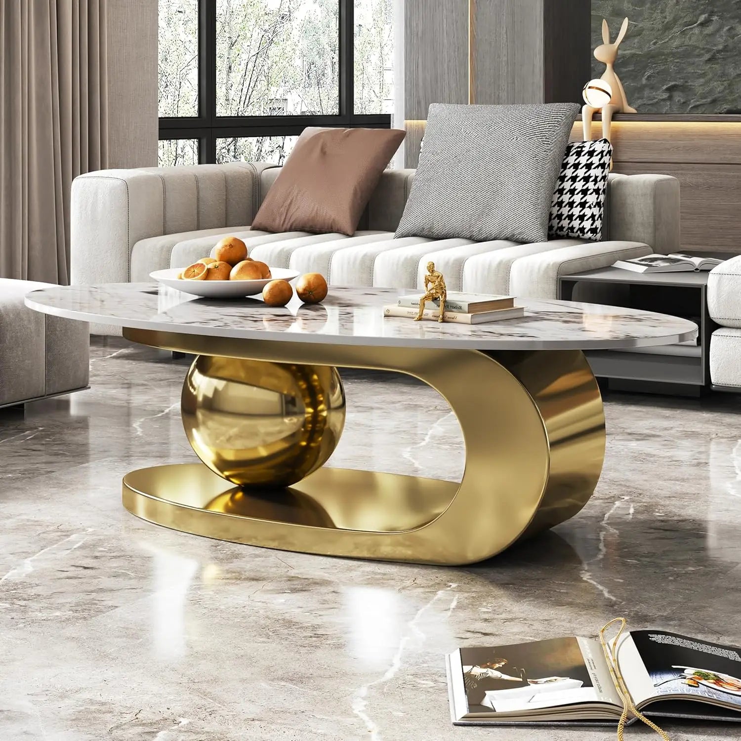 Modern Coffee Table with Silver Stainless Steel Pedestal,Oval Living Room Table with Faux Marble Top & Luxury, Customized