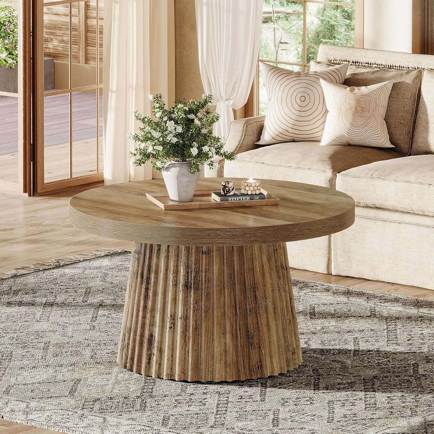 LITTLE TREE Coffee Table, 31.5" Small Farmhouse Round Coffee Tables, Modern Boho Accent Center Table for Living Room