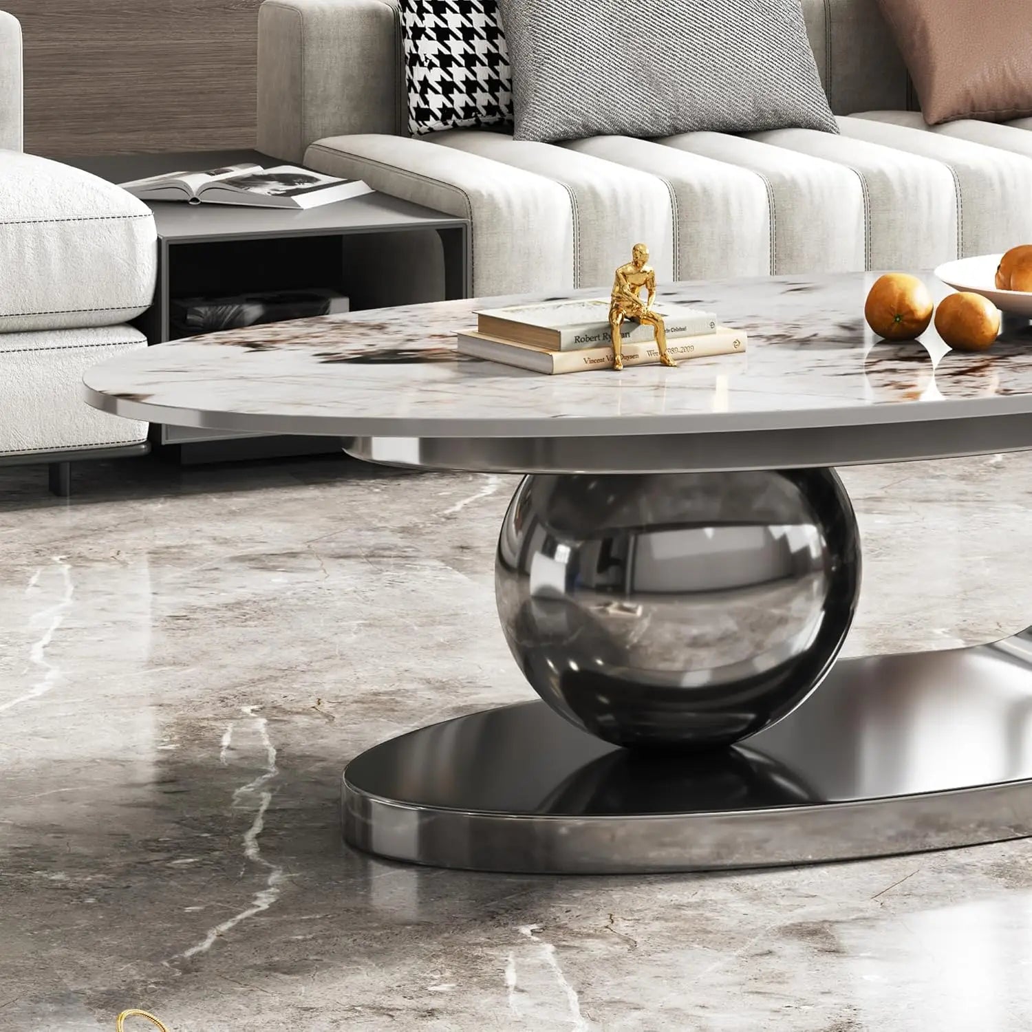 Modern Coffee Table with Silver Stainless Steel Pedestal,Oval Living Room Table with Faux Marble Top & Luxury, Customized
