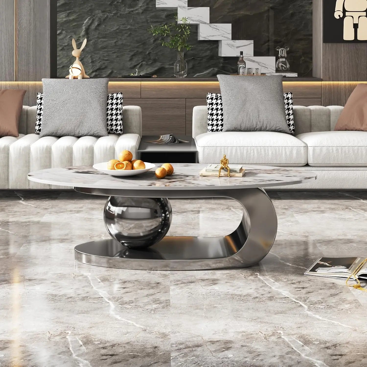 Modern Coffee Table with Silver Stainless Steel Pedestal,Oval Living Room Table with Faux Marble Top & Luxury, Customized