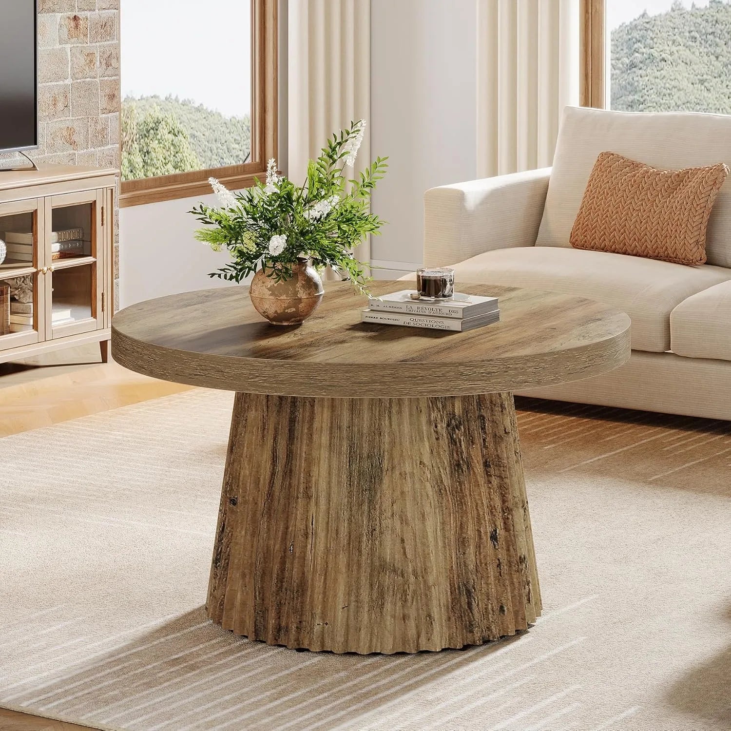 LITTLE TREE Coffee Table, 31.5" Small Farmhouse Round Coffee Tables, Modern Boho Accent Center Table for Living Room