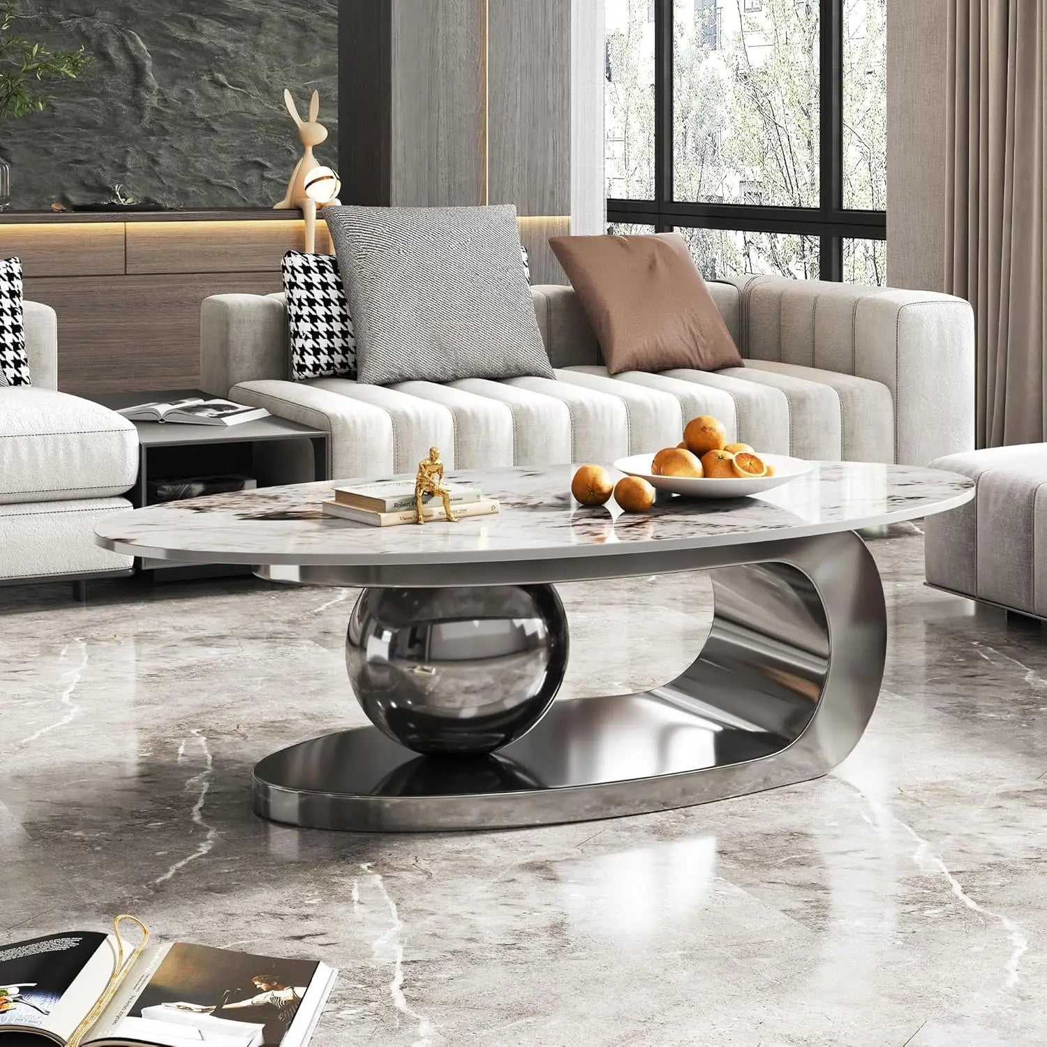 Modern Coffee Table with Silver Stainless Steel Pedestal,Oval Living Room Table with Faux Marble Top & Luxury, Customized