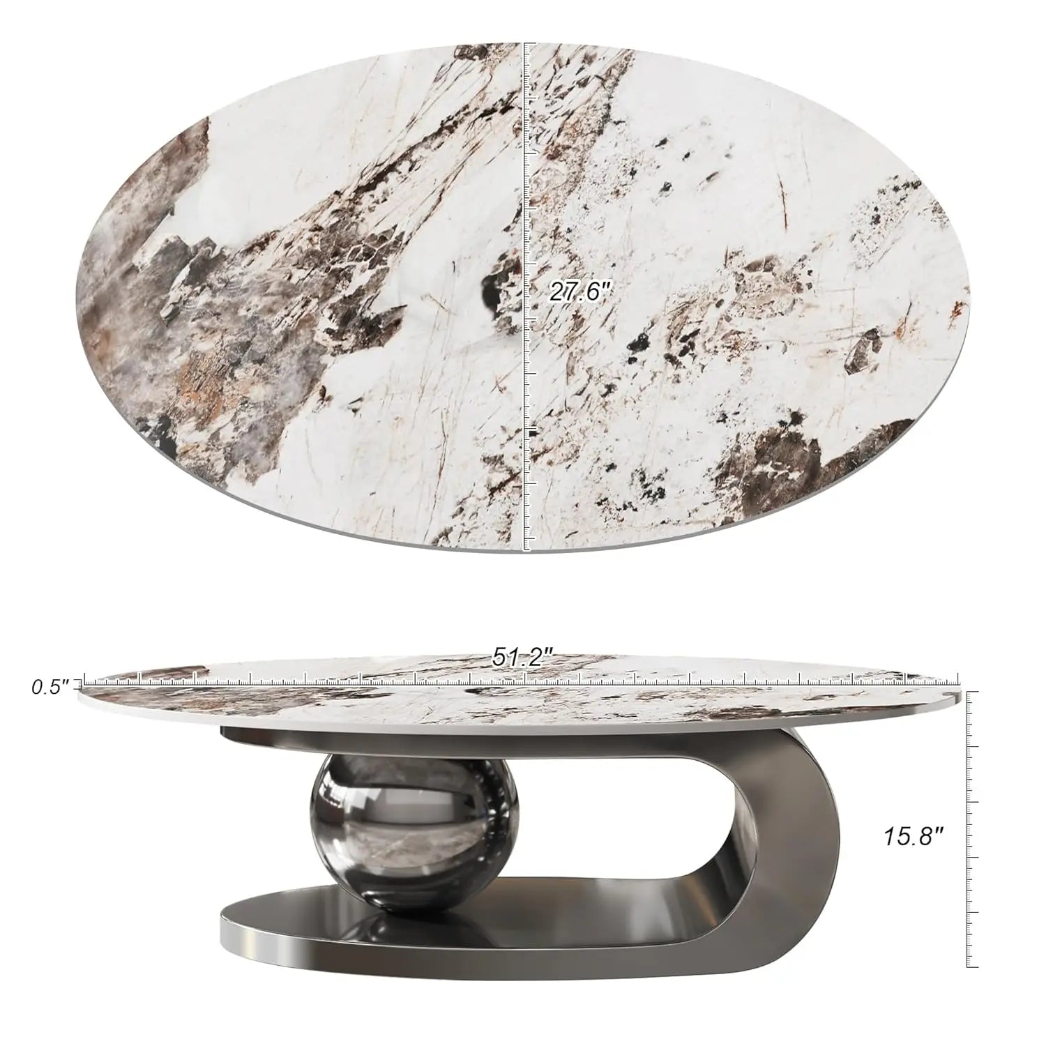Modern Coffee Table with Silver Stainless Steel Pedestal,Oval Living Room Table with Faux Marble Top & Luxury, Customized