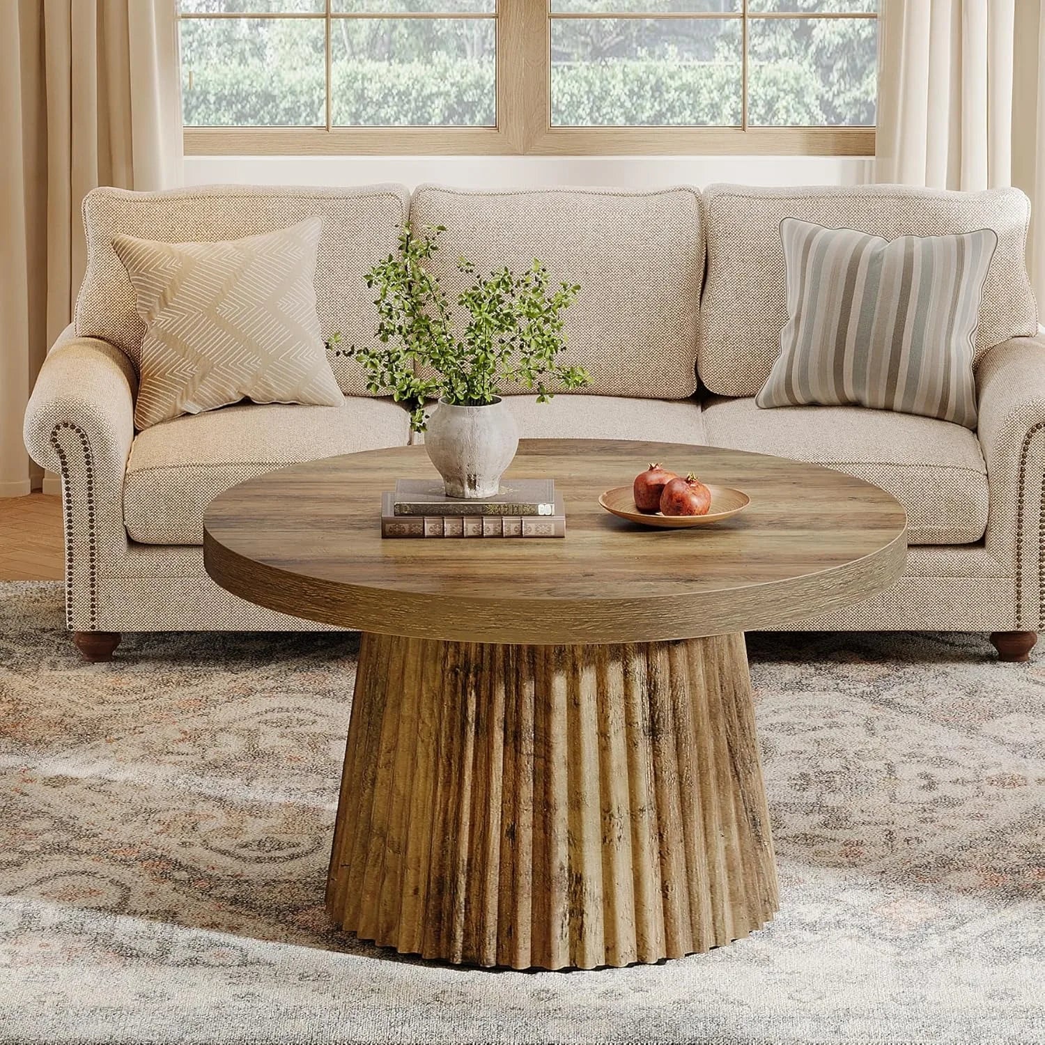 LITTLE TREE Coffee Table, 31.5" Small Farmhouse Round Coffee Tables, Modern Boho Accent Center Table for Living Room