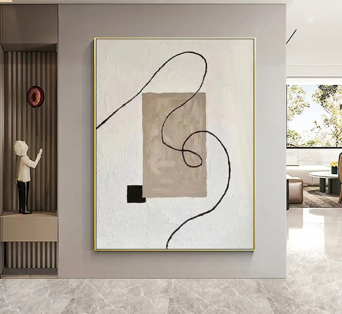 White and Brown Minimalist Painting Black Texture Wall Art Abstract Painting on Canvas Wabi-sabi For Living Room Wall Home Decor