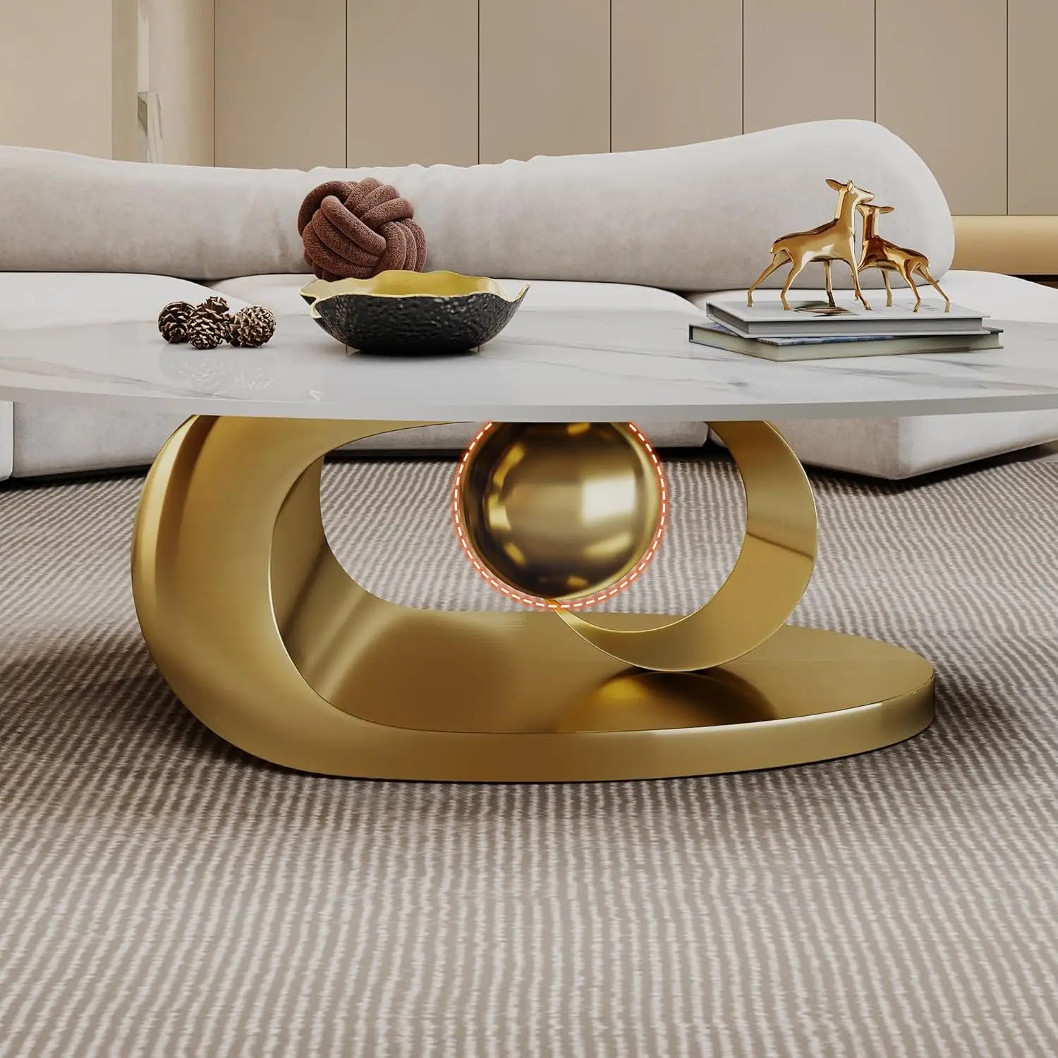 Modern Coffee Table with Silver Stainless Steel Pedestal,Oval Living Room Table with Faux Marble Top & Luxury, Customized