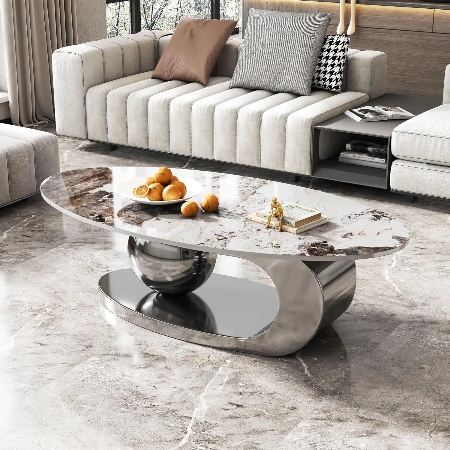 Modern Coffee Table with Silver Stainless Steel Pedestal,Oval Living Room Table with Faux Marble Top & Luxury, Customized